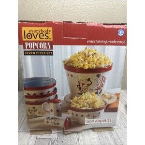 Everybody Loves Popcorn 7 Piece Ceramic Set: 1 Large + 4 Small Bowls + 2 Shakers